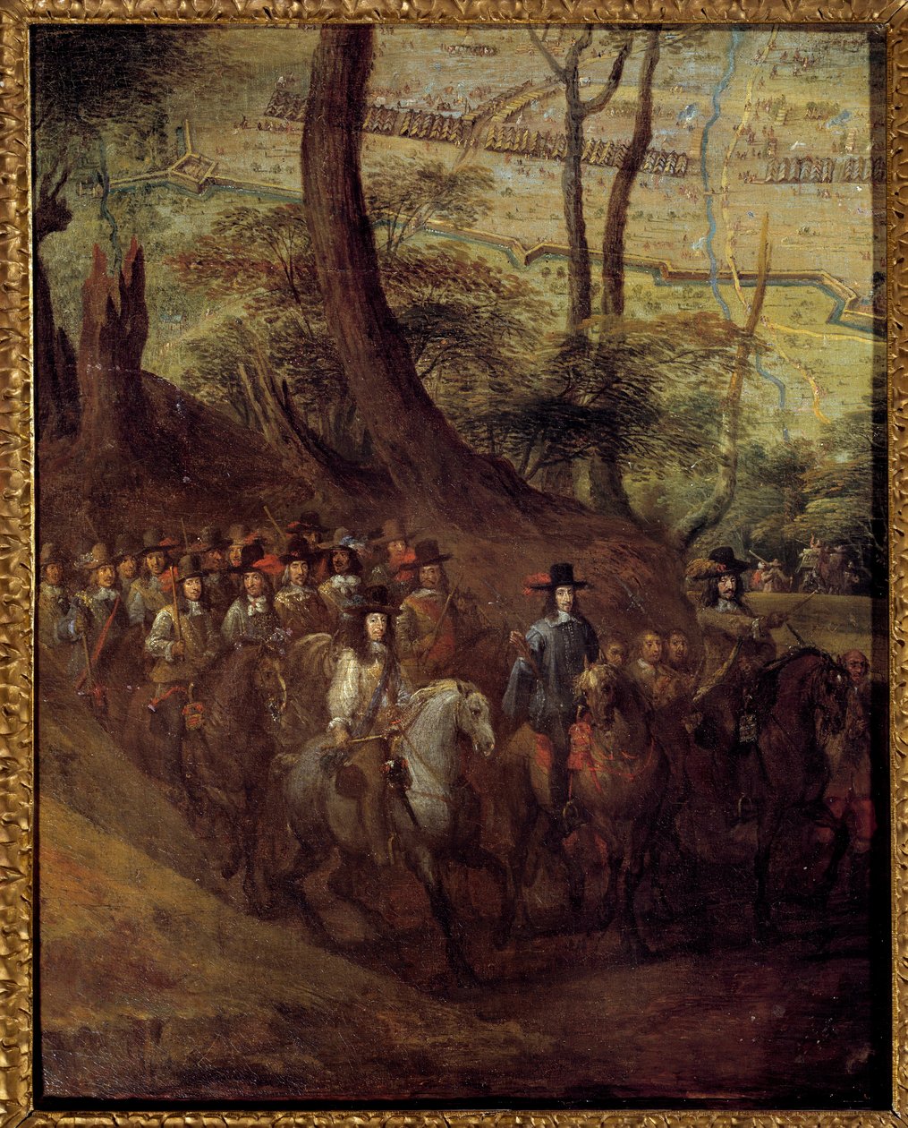 波旁的路易二世，孔德亲王（Bourbon-Conde）（Grand Conde）（1621-1686）或Enghien公爵，围攻17世纪法国画派的城镇绘画。 太阳 0,73x0,58 m 作者 法语学校