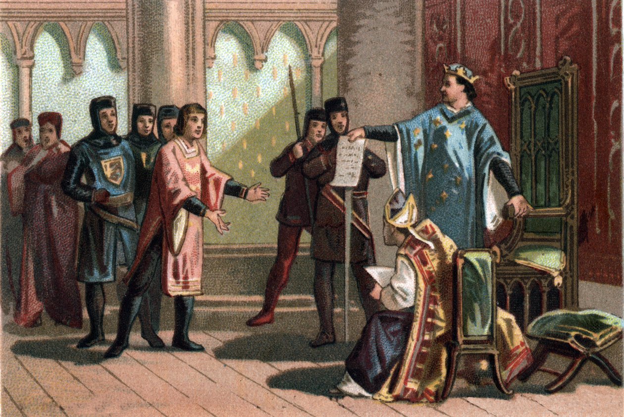 Louis VIII, known as “The Lion” (1187 - 1226), the Capetian dynasty, answered proudly and fiercly to an envoy of the King of England Henry III. Chromolithography around 1890. 作者 法语学校
