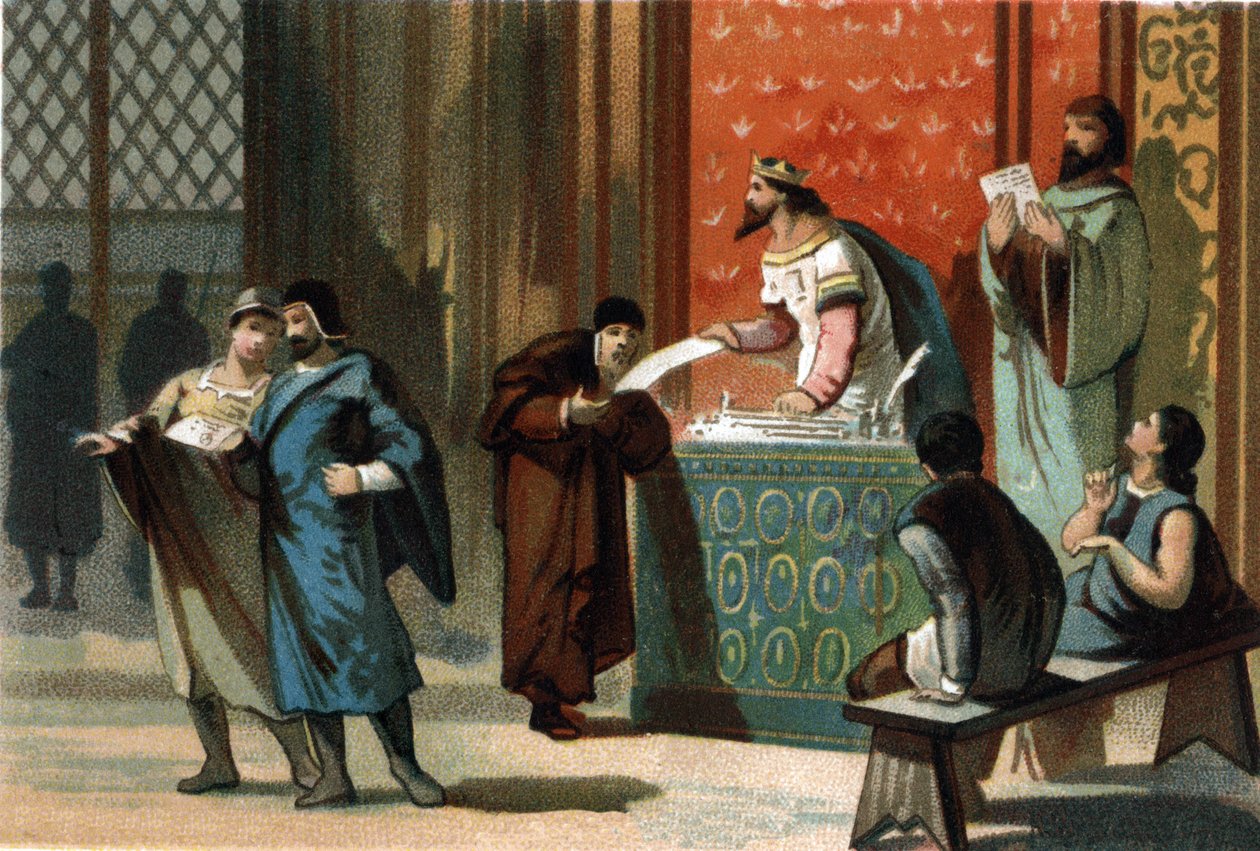 路易六世 dit Le Gros (1081-1137) 给予了公社的邮资章程。1890年左右的彩色平版印刷。 作者 法语学校