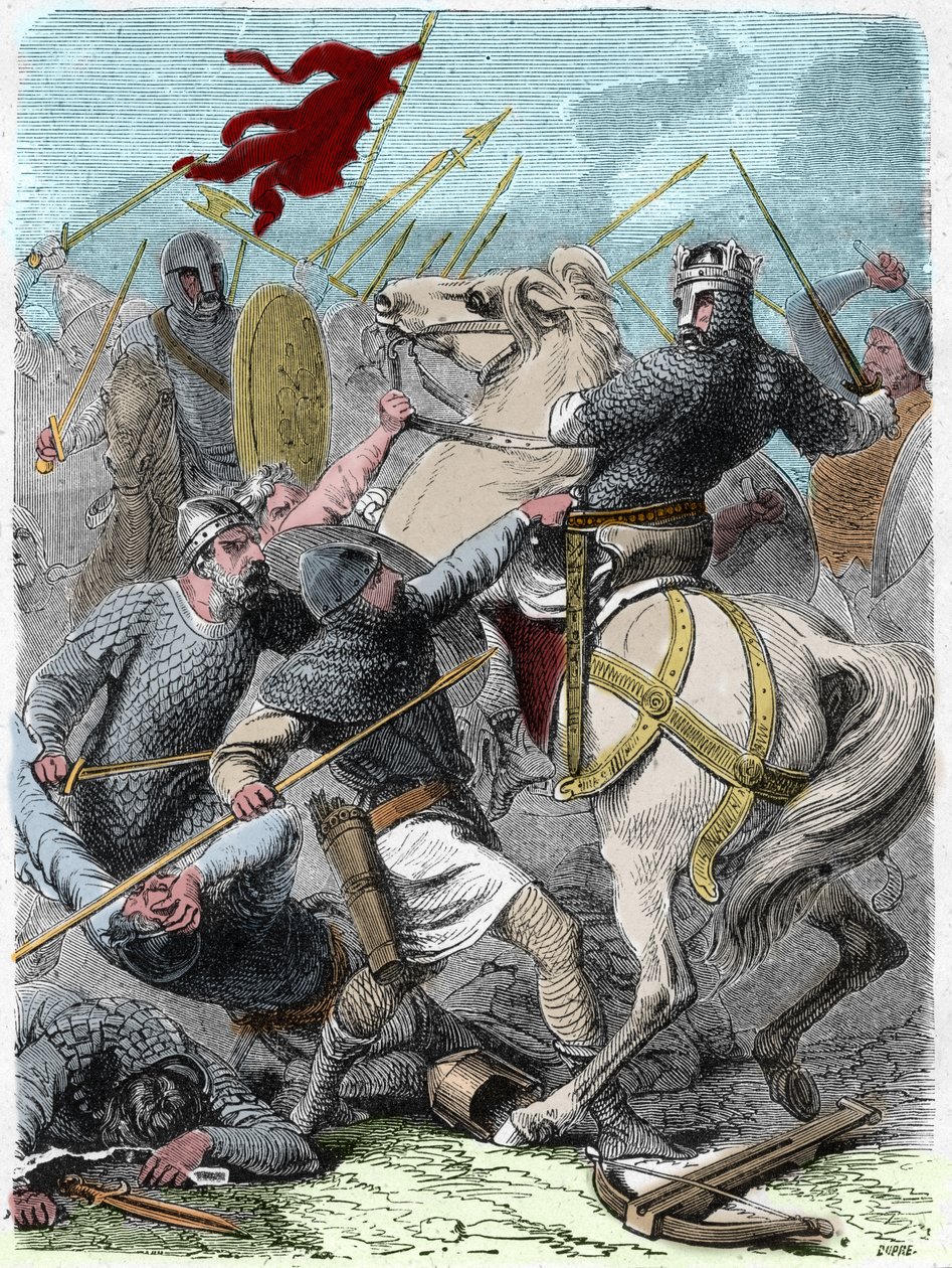 路易六世被称为 "格罗斯"（1081-1137），在布伦尼维尔战役中，试图在1119年从英国国王亨利一世手中夺取诺曼底。雕刻于 "Histoire De France En Cent Paintings by Paul Lehugeur "1891。 作者 法语学校