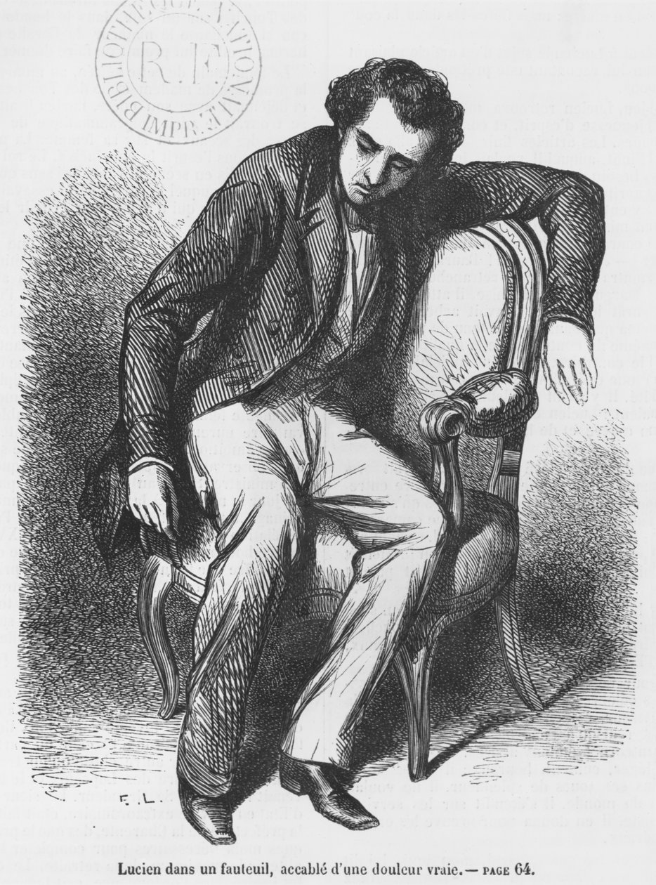 Lucien de Rubempre充满悲伤，来自Honore de Balzac的&39;Les Illusions perdues&39;的插图 作者 法语学校