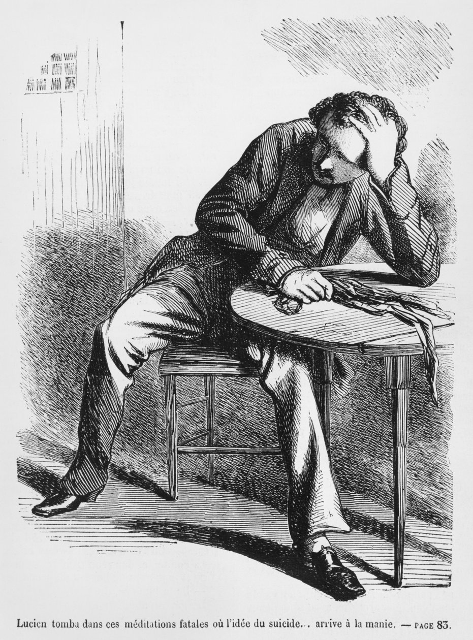Lucien de Rubempre思考自杀，来自Splendors的插图和Honore de Balzac的妓女Miseres，1867年出版 作者 法语学校