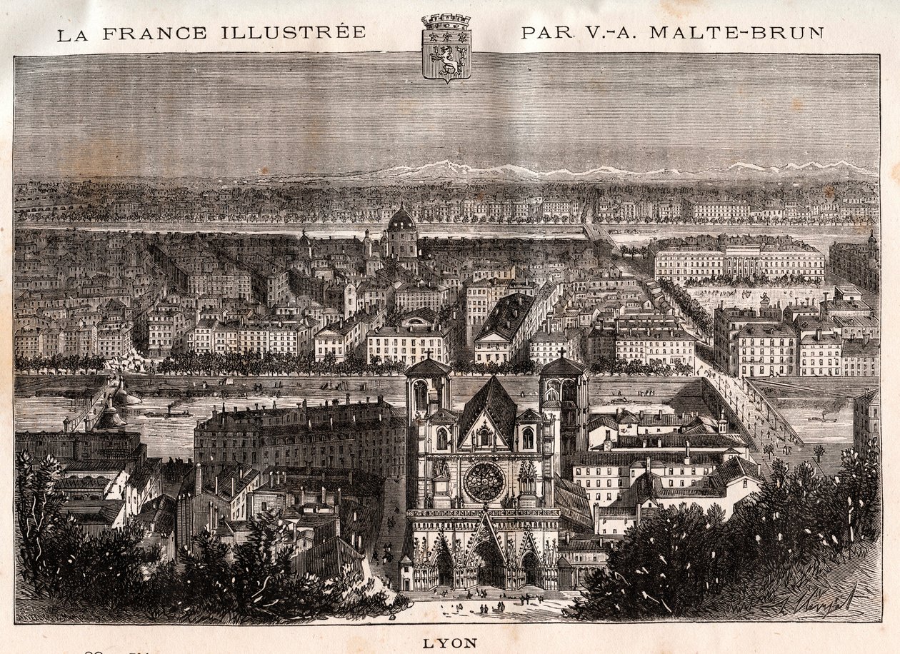 里昂--在V.A. Malt-Brown的 "La France illustrstree: geographie, histoire, administration statistique "中雕刻。1884 作者 法语学校