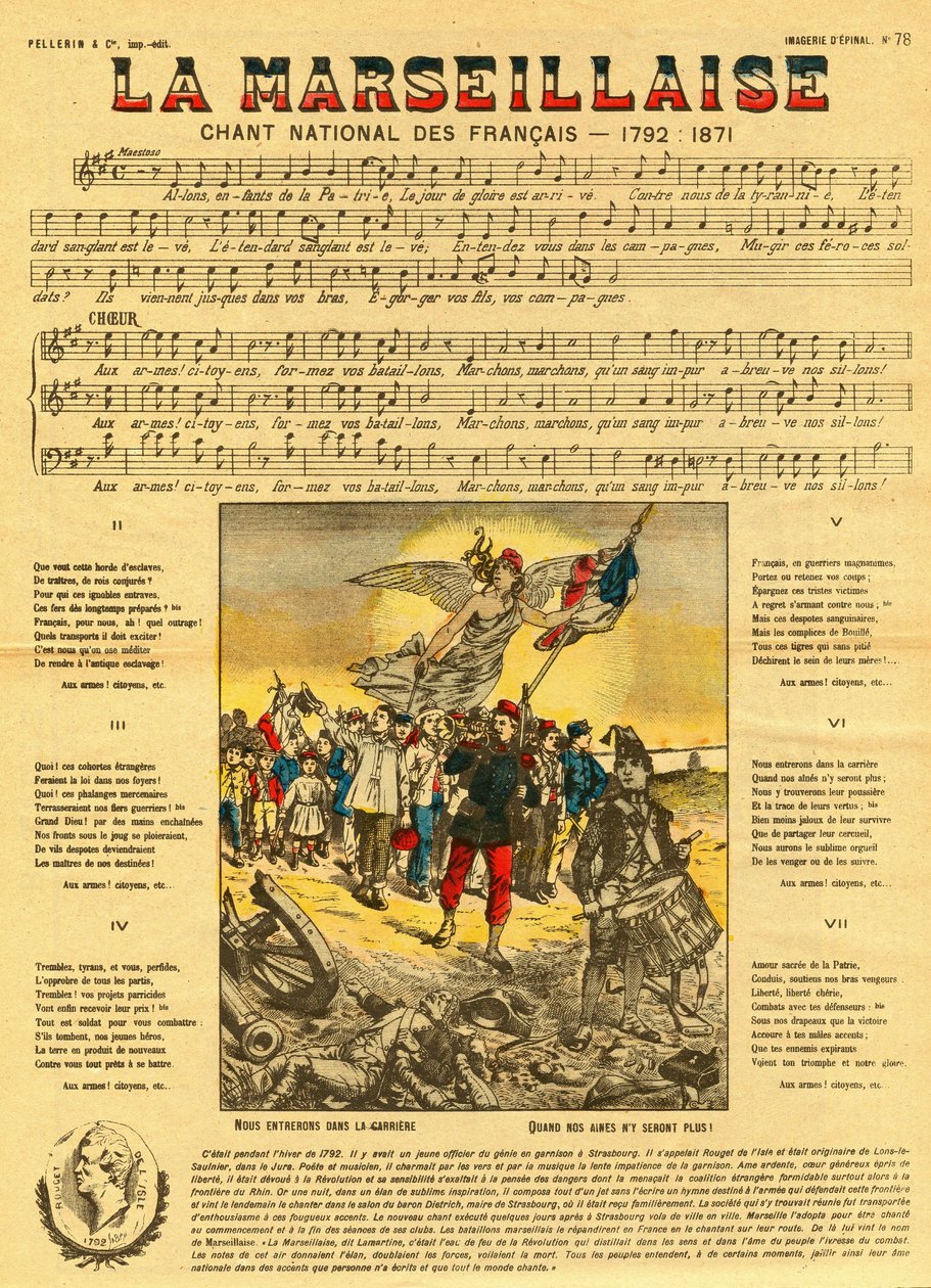 法国国歌《马赛曲》的歌词和音乐，由鲁热-德-利斯勒（Rouget de L