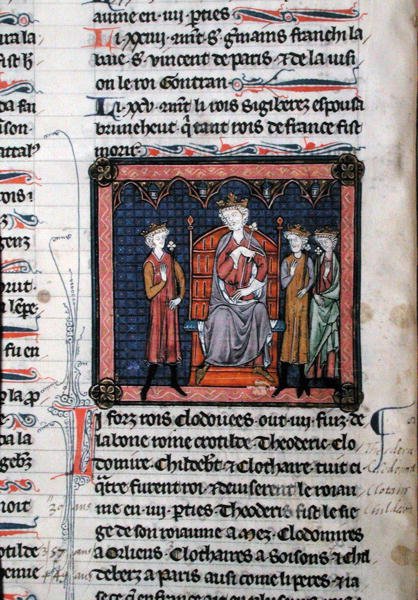 MS.782 Childeric II (c.650-675), Clodomir (c.495-524) and possibly Theodoric, represented as under the protection of King Clotaire I (c.497 -561), seated on a throne, miniature from the Chroniques de Saint-Denis (vellum) 作者 法语学校