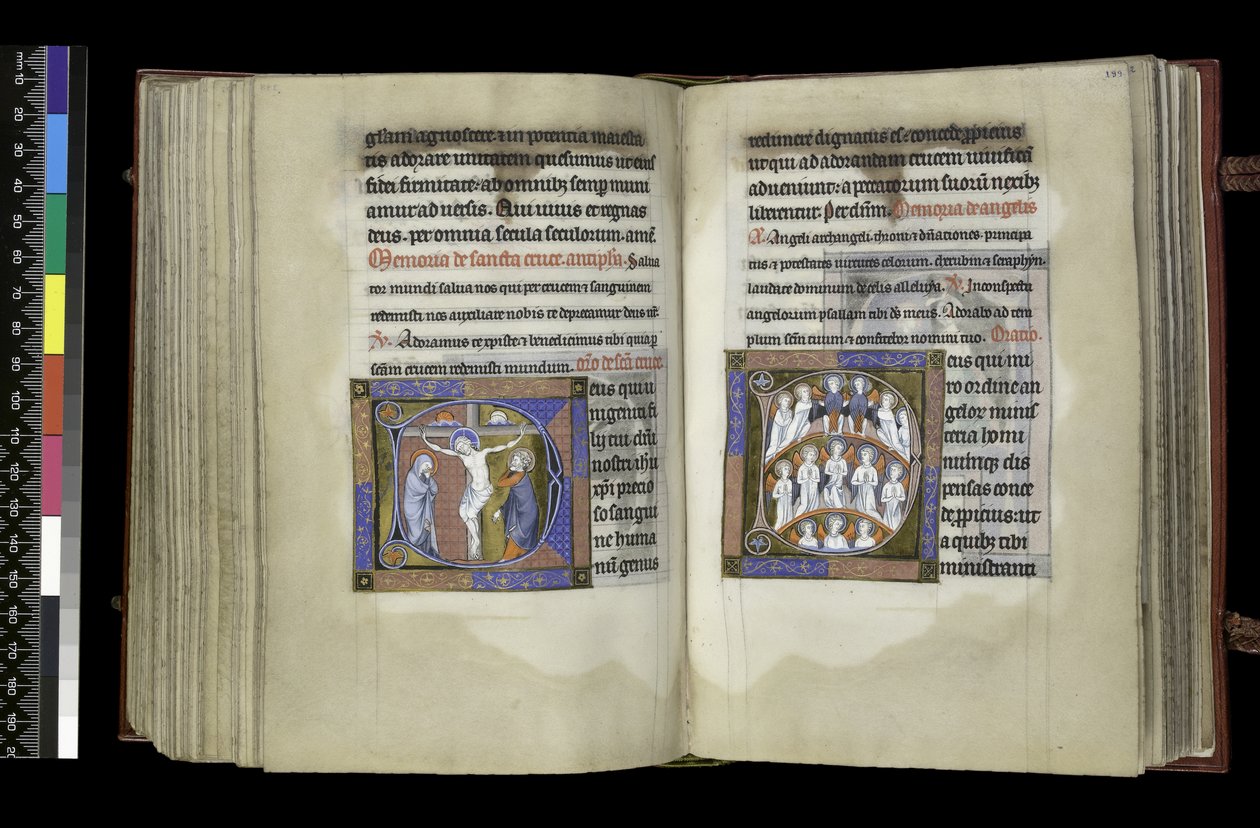 MS 300 f.198v-199r, Suffrage to the Cross and Suffrage to Angels, from the Psalter and Hours of Isabella of France, Paris, c.1265-70 (pen & ink and tempera on parchment) 作者 法语学校