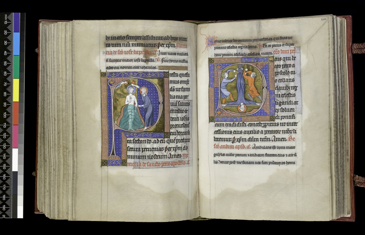 MS 300 f.199v-200r, Suffrage to St John the Baptist and Suffrage to St. Peter, from the Psalter and Hours of Isabella of France, Paris, c.1265-70 (pen & ink and tempera on parchment) 作者 法语学校
