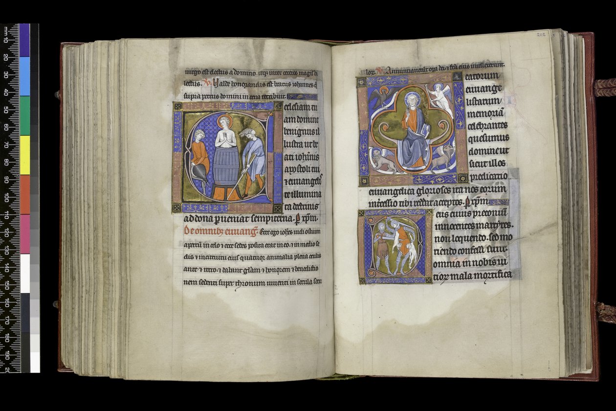 MS 300 f.201v-202r，从法国伊莎贝拉的《诗篇》和《时光》中获得圣约翰的选举权和圣无辜者的选举权，c.1265-70 作者 法语学校