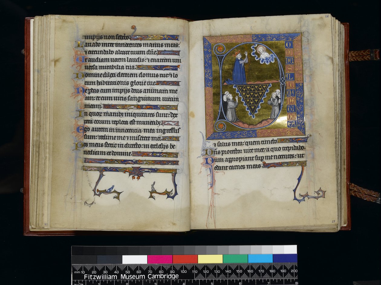 MS 300 f25v-26r，大卫从法国的伊莎贝拉诗篇和时光中祈祷，向上帝祈祷，c.1265-70 作者 法语学校
