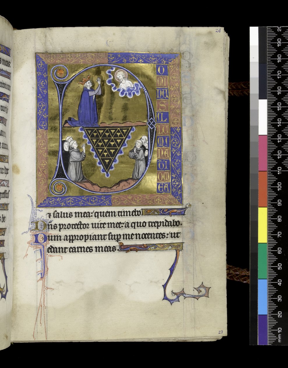MS 300 f.26r，大卫向上帝祈祷，来自法国伊莎贝拉的诗篇和时间的对开页，巴黎，约 1265-70 年（羊皮纸上的钢笔和墨水和蛋彩画） 作者 法语学校