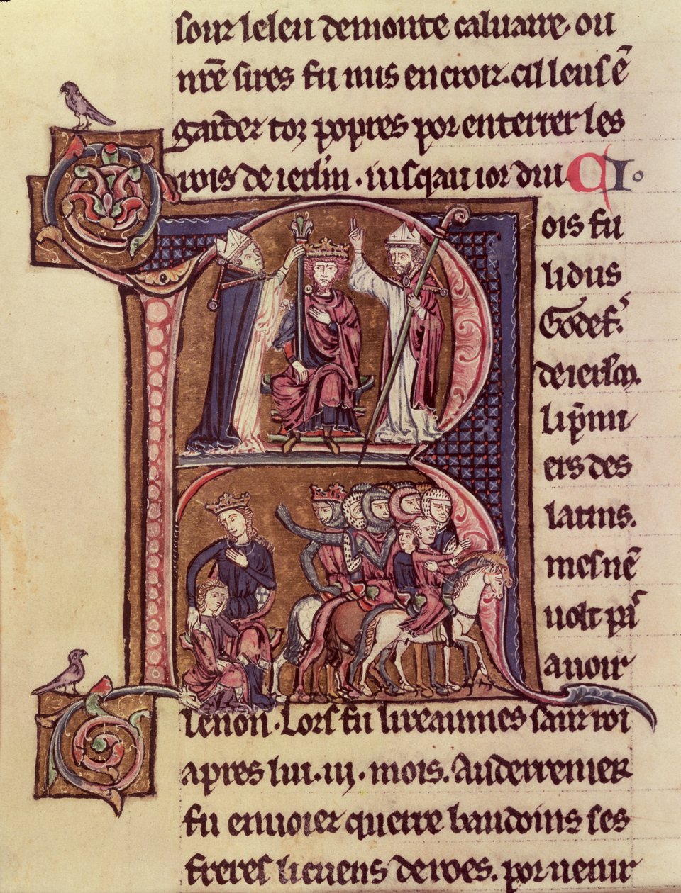 MS Fr 9081 f.99v历史上最初的R描绘了法兰德斯国王Baldwin I（1171-1205）在1204年被加冕为拉丁皇帝以及他对一名土耳其女子送她的孩子的慷慨 作者 法语学校
