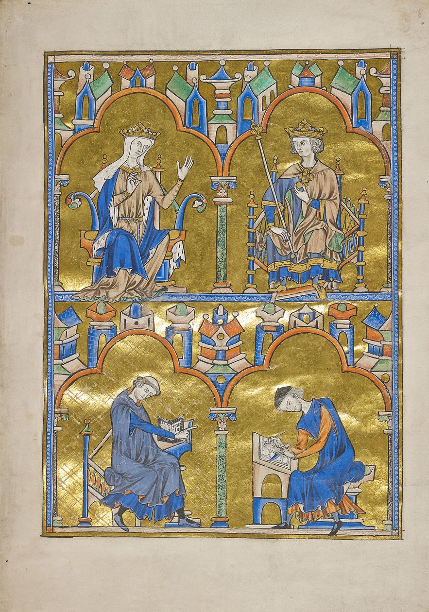 MS M.240 f.8r，卡斯蒂利亚·布兰奇和法国国王路易九世及以下：作者抄写抄写本，圣路易斯圣经（道德化的圣经），巴黎 作者 法语学校