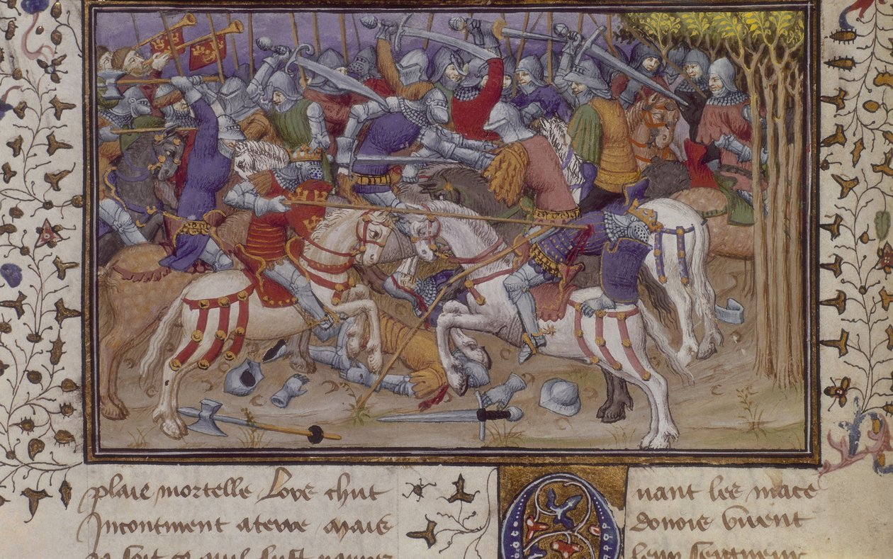 MS Royal 20 B.XX fol.16v 保萨尼亚斯笔下的菲利浦之败，骑马骑士的战斗，选自伪卡利斯提尼的作品《La Vraye Histoire du Bon Roy Alixandre》，15 世纪早期（牛皮纸）。 作者 法语学校