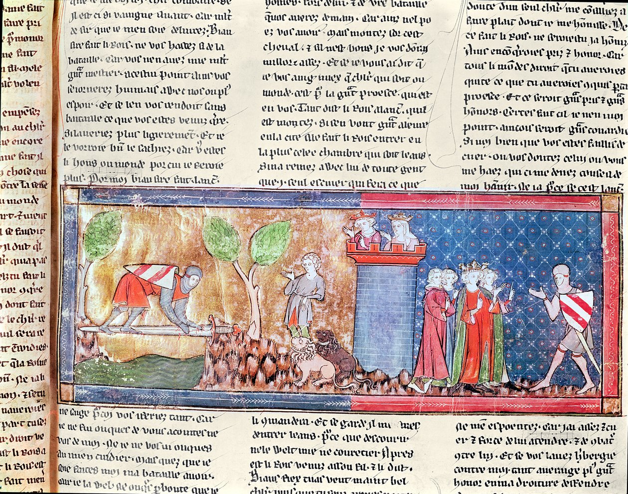 M. 806 f.166 Lancelot通过一把锋利的剑桥上的河流证明了他对Guinevere的爱，来自罗马de Lancelot du Lac，1344 作者 法语学校