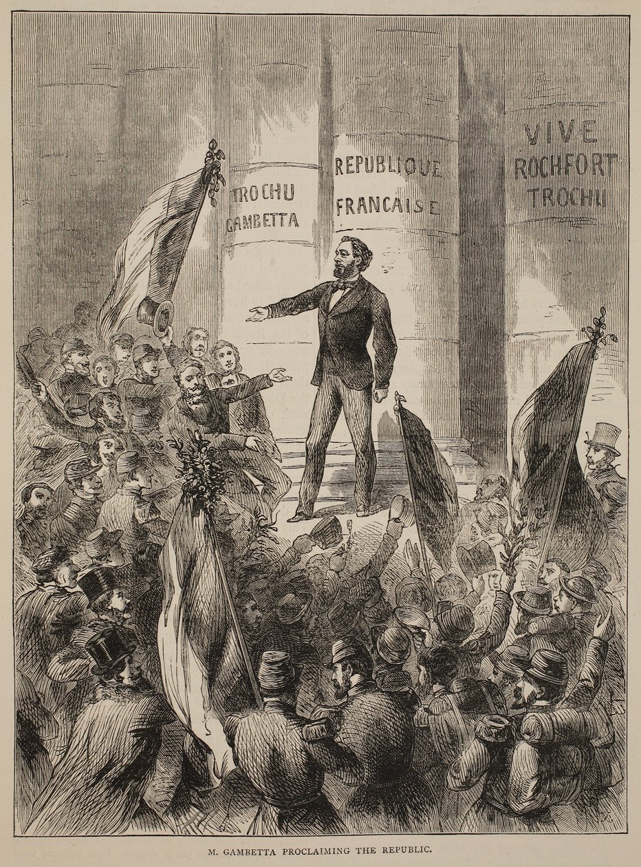 M. Gambetta宣布共和国，1870年9月，插图来自卡塞尔斯法国和德国之间的战争历史，1870-1871 作者 法语学校