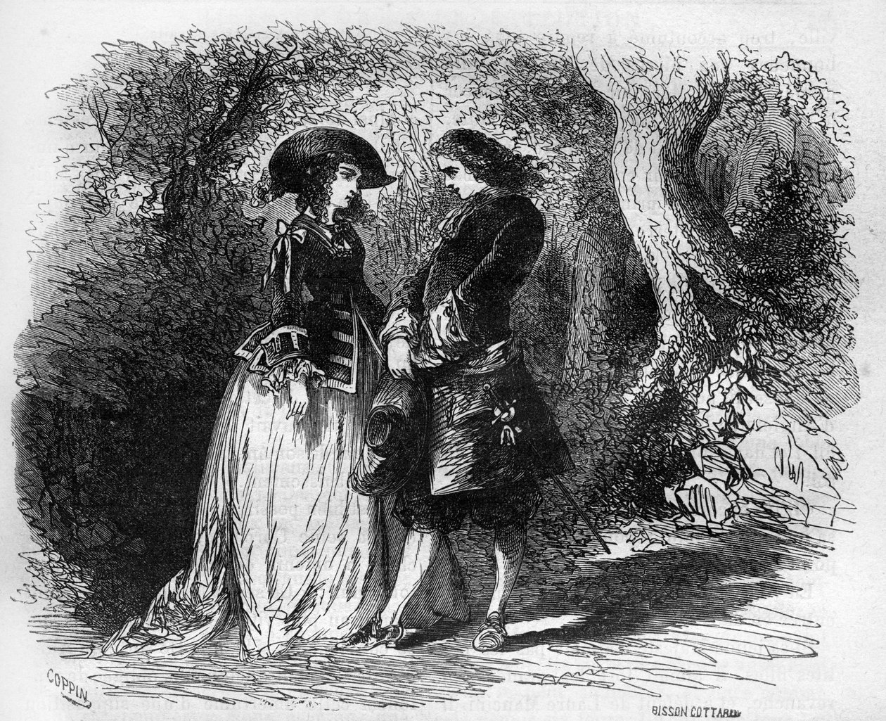 庞斯小姐在1653年左右遇到了她的年轻情人马里科恩。雕刻在《世界各国人民从古至今的卖淫和放荡史》中，作者是Th.-F.Debray著。1879. 作者 法语学校