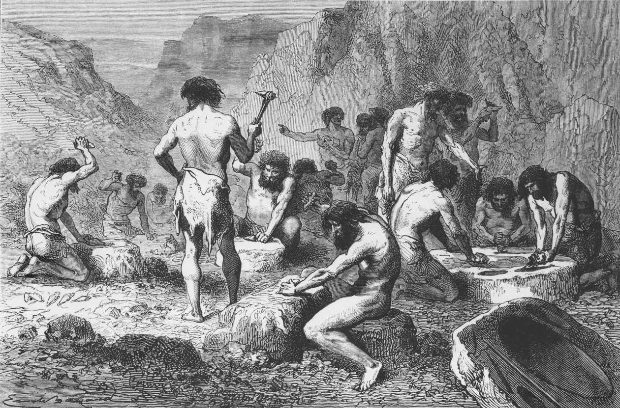 在Pressigny制作和抛光silex，Lomom Primitif by Louis Figuier的插图，由Hachette出版，1870年 作者 法语学校