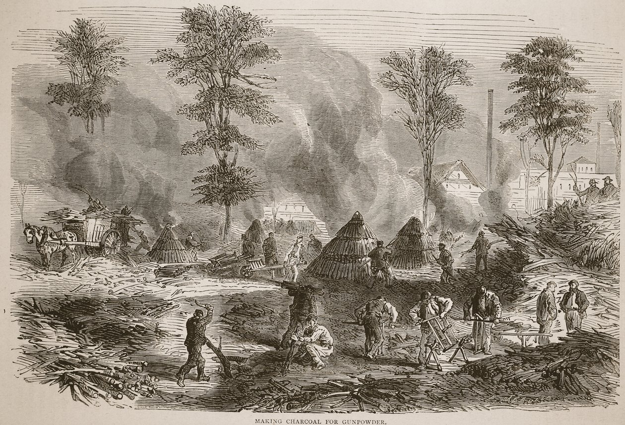 制作木炭火药，插图来自卡塞尔斯法国和德国之间的战争历史，1870-1871 作者 法语学校
