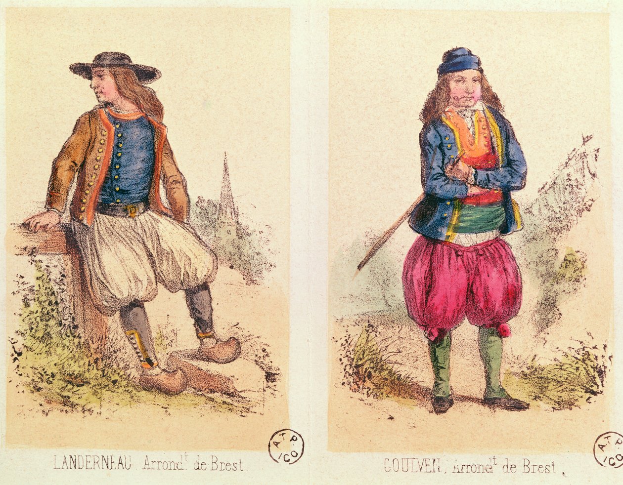 Landerneau和Goulven的男士服装，来自Les Costumes Bretons de Sorrieu 作者 法语学校