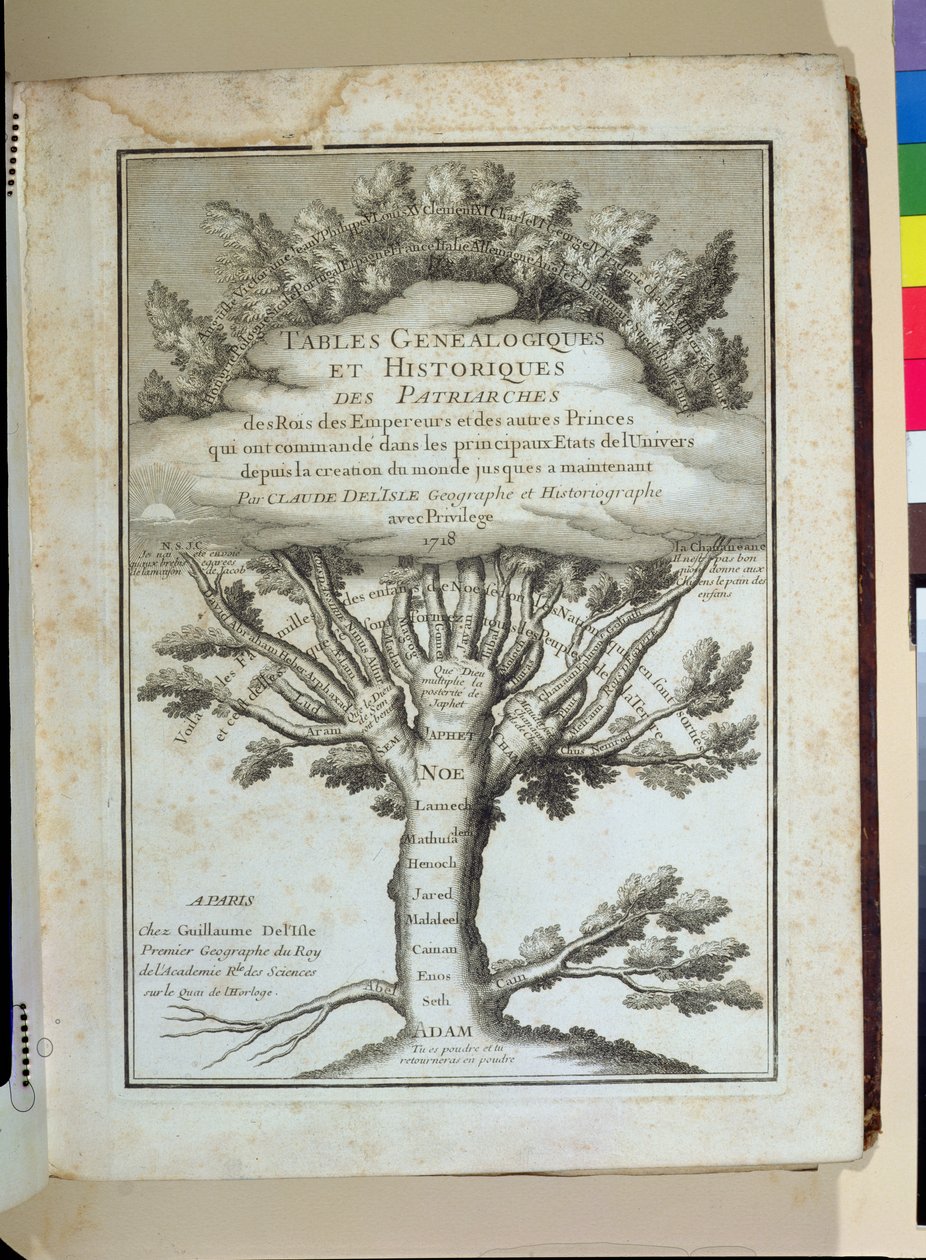Mankinds家谱，Claigen Delisle（1644-1720）的族长，国王和皇帝的家谱和历史表的正面，于1718年在巴黎出版 作者 法语学校