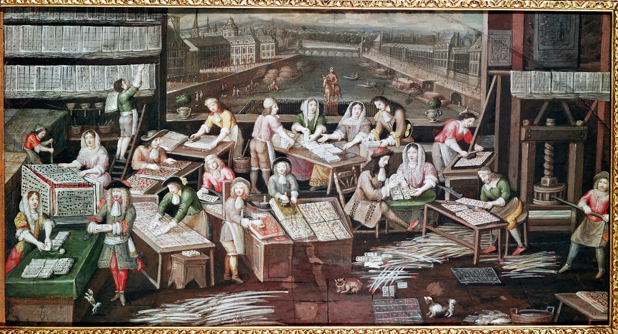在多芬广场的房子里制作纸牌（为粉丝设计，纸上水粉，c.1680） 作者 法语学校