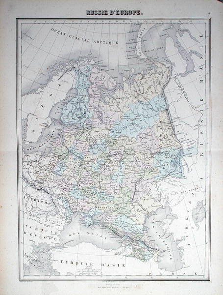 描绘欧洲俄罗斯的地图，约1840年（彩色雕刻）。 作者 法语学校