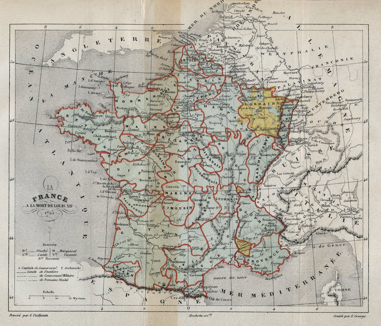 Map of France on the death of Louis XIV in 1715 - Plan de La france a la mort de Louis XIV en 1715 - engraving in “” Histoire de France” by Victor Duruy (1811-1894) - 1882 作者 法语学校