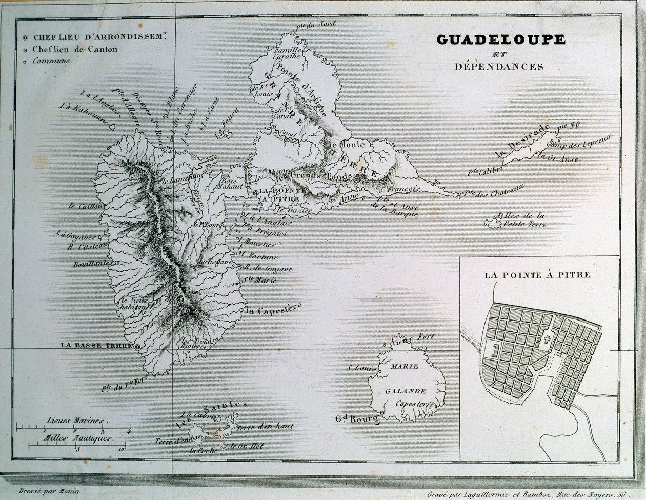 Map of Guadeloupe and its dependencies. Engraving of the 19th century. Chartres, Museum of Fine Arts 作者 法语学校