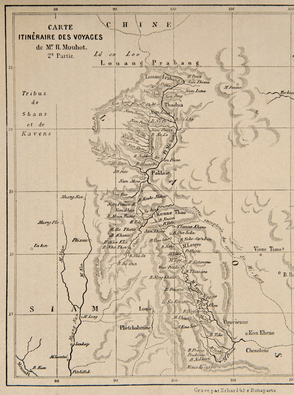 老挝和湄公河地图显示Henri Mouhot的航行路线，插图来自印度 - 中国（暹罗），柬埔寨和老挝中部的旅行1858年，1859年， 作者 法语学校