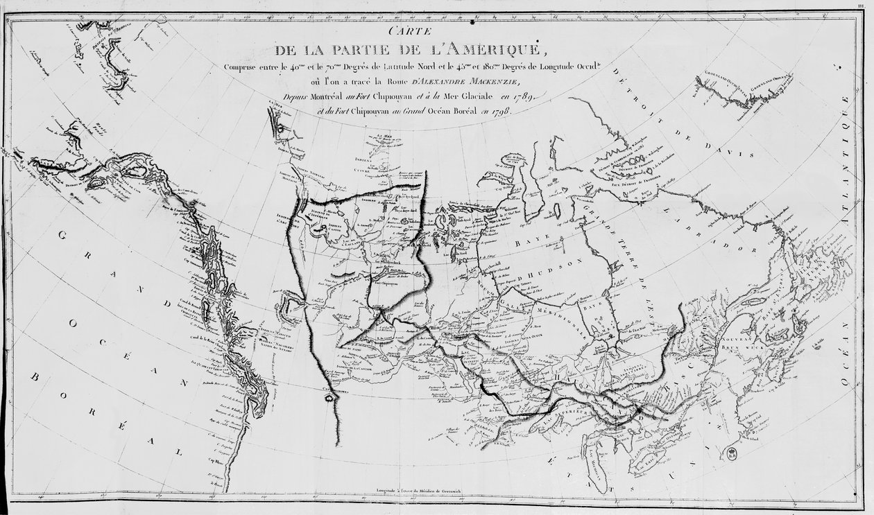 北美地图，绘制1789年和1798年亚历山大·麦肯齐爵士探险队到北冰洋 作者 法语学校