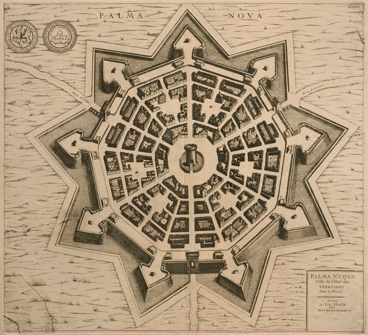 Palmanova地图，来自Les Villes de Venetie，1704，由Rutgert Alberts在海牙出版 作者 法语学校