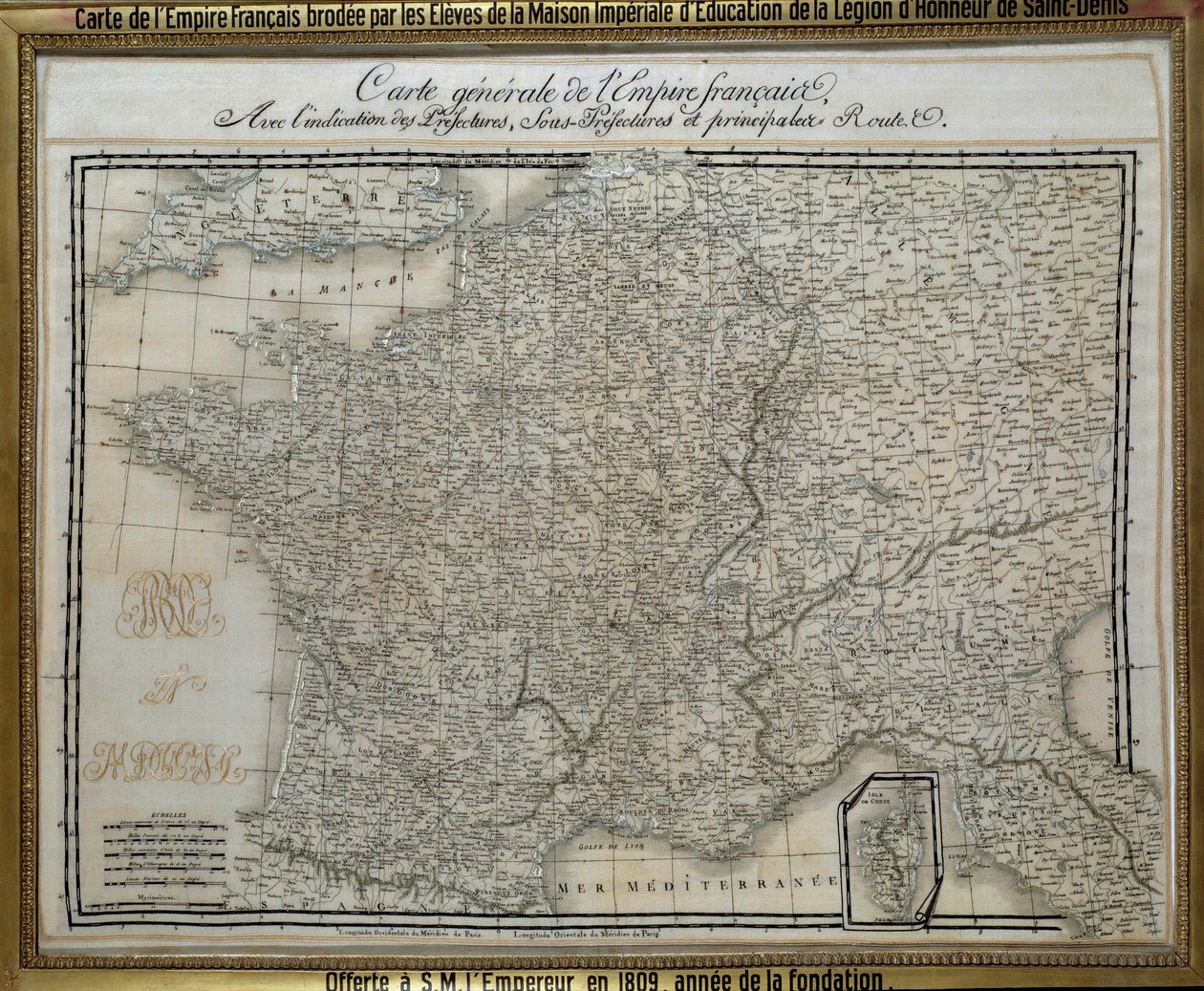 法兰西帝国（第一帝国）地图，由圣德尼荣誉军团帝国之家的学生刺绣。1809 年的刺绣图。艾克斯岛，拿破仑博物馆 作者 法语学校