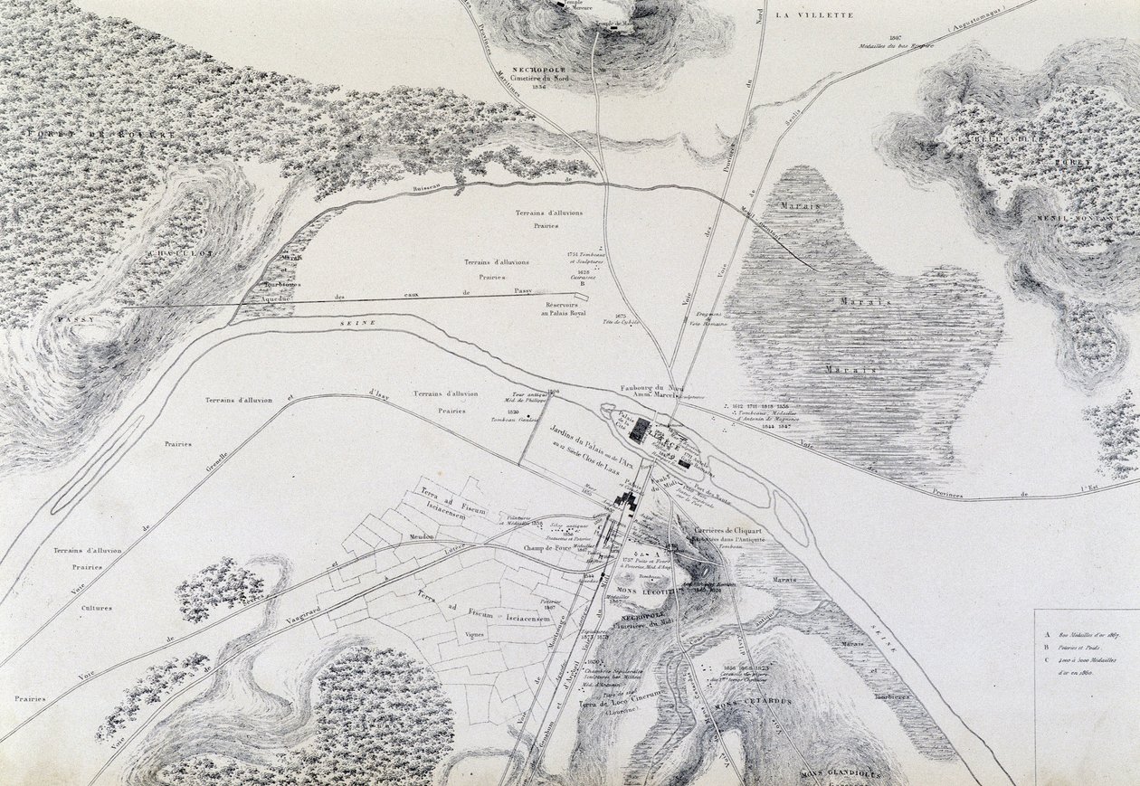 1882年绘制的卢泰斯（Lutetia Paris，今天的巴黎）市及其周边地区的地图。 作者 法语学校