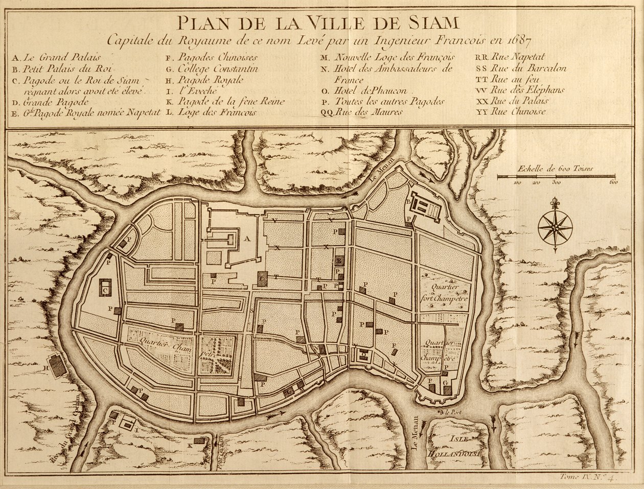 1687年由法国工程师完成的一项调查后，该名称王国的首都暹罗市地图，由Antoine Prevost于1751年出版的Histoire Generale des Voyages出版 作者 法语学校