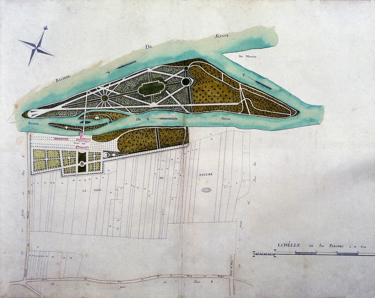 Moulin Joly 花园的地图。 Colombes 领土地图集的版画（1780 年），保存在国家档案馆。 作者 法语学校