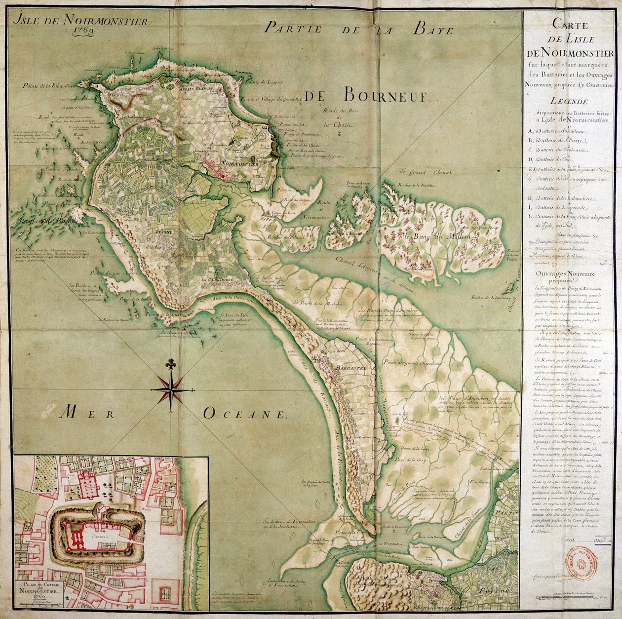 Noirmoutier 岛地图，附有城堡地图，制作于 1769 年。 作者 法语学校