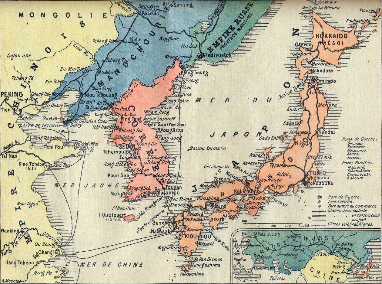 日俄战争的战区地图。日俄战争战区地图（日俄战争）--《小报》插图，1904年2月28日 作者 法语学校