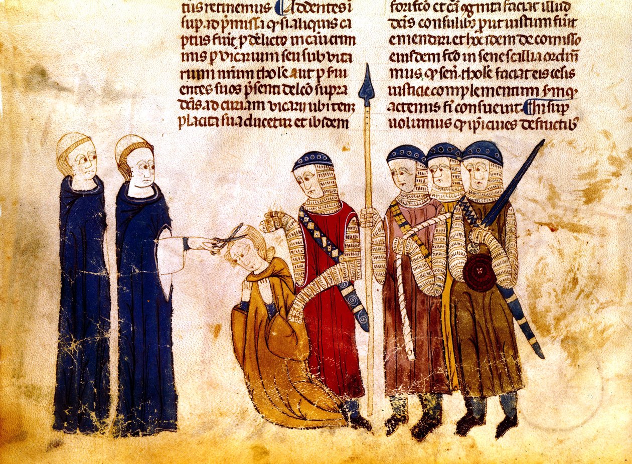 勃艮第的玛格丽特（1290-1315 年），法国国王路易十世的妻子，因通奸而被剪发（牛皮纸） 作者 法语学校