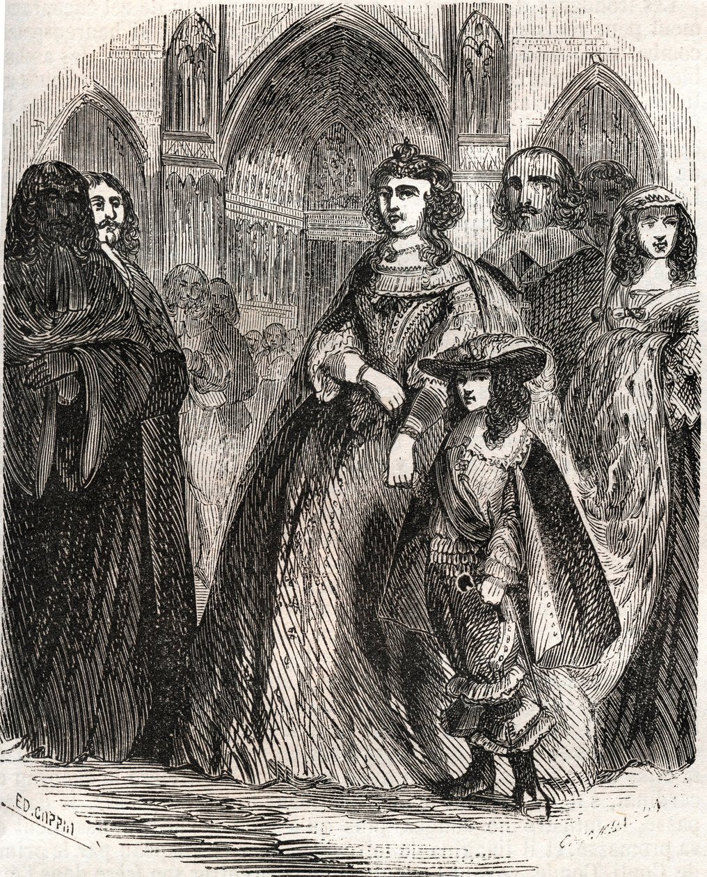 Marie de Medicis (1573-1642), queen of France and regente of the kingdom with her son Louis XIII going to Notre-Dame de Paris - in “Histoire de France” by L.-P. Anquetil 作者 法语学校