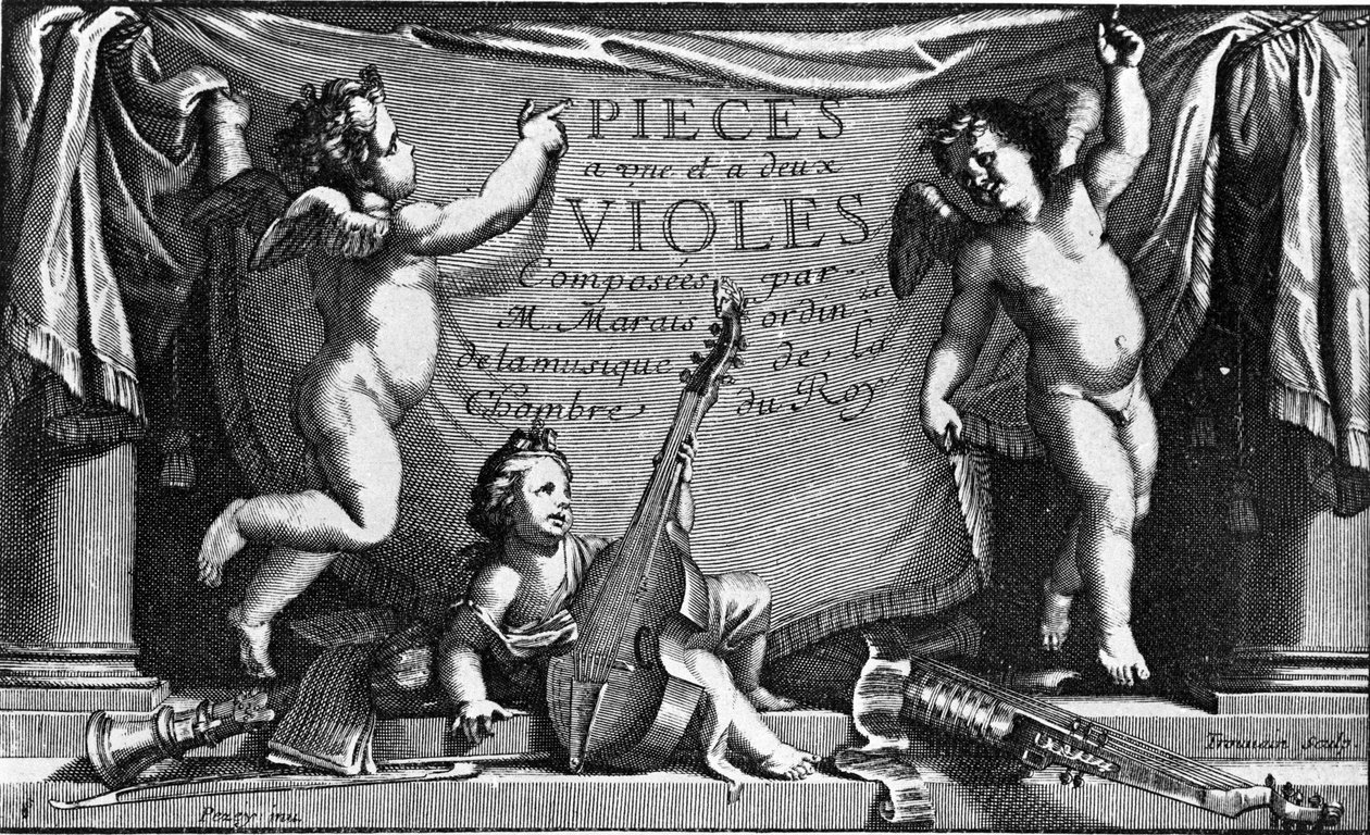 Marin Marais, "Pieces a une et feux viololes "的封面画 作者 法语学校