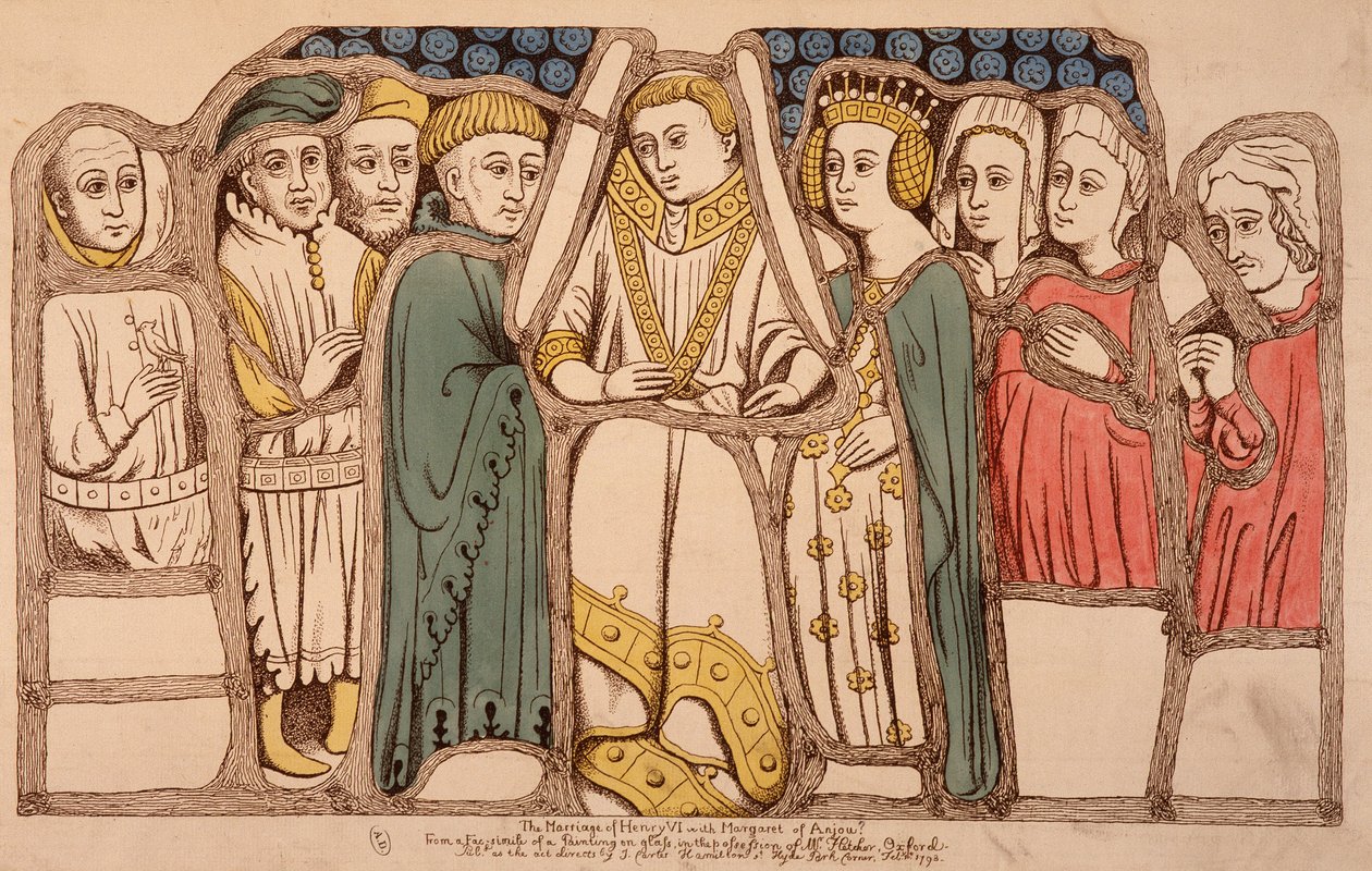 英格兰亨利六世 (1421 - 1471) 与安茹的玛格丽塔 (1429 - 1482) 于 1445 年结婚。雕刻自 1793 年。圣经。 巴黎装饰艺术学院。 作者 法语学校