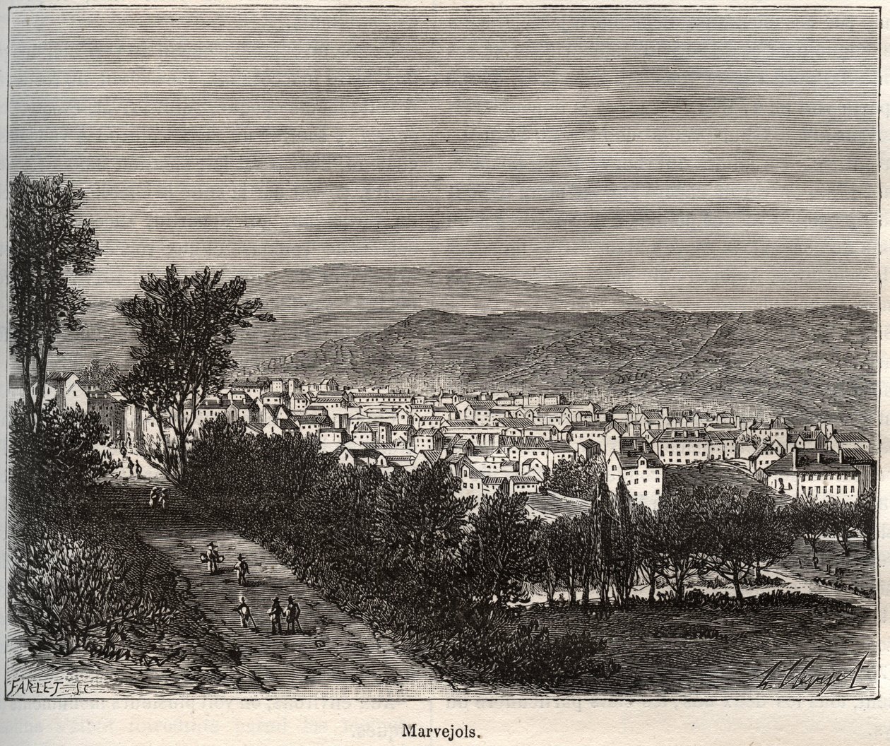 Marvejols - Lozere - Languedoc-Roussillon - 在V.-A. Malt-Brown的 "La France illustree: geographie, histoire, administration statistique "中的雕刻，1884。 作者 法语学校