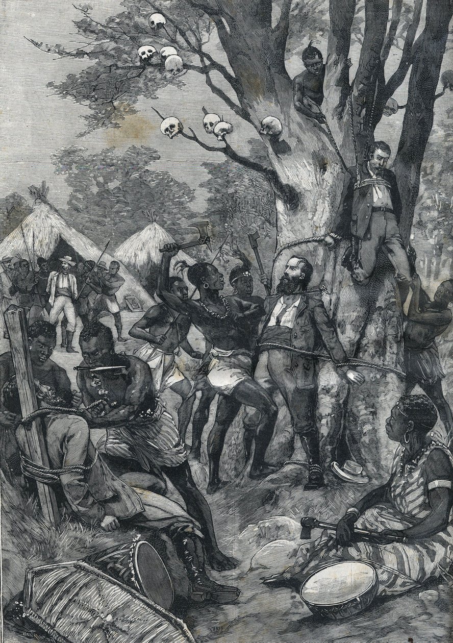 刚果的大屠杀。欧洲人被食人族哀求。在1898年的《小巴黎人》中。 作者 法语学校