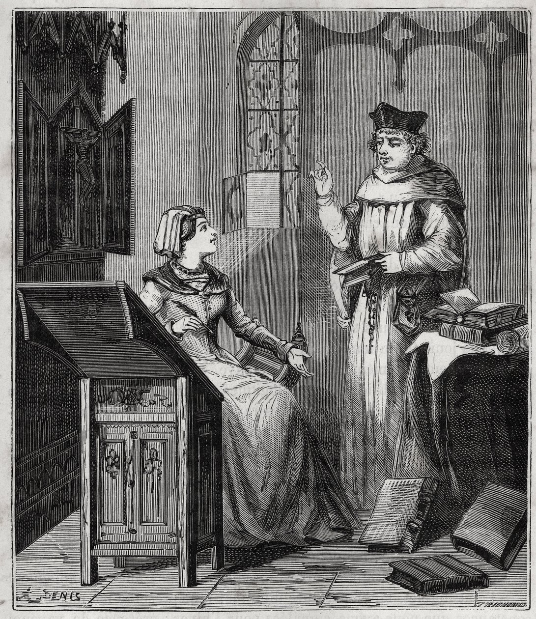 Matthieu Lansbert (Lansberg, Lansbergh, Laensberg or Laensbergh) (15-16世纪) et sa niece - Alexis Clerc的 "Sciences made available to everyone - physics and chemistry "中的版画 - 19世纪末 - 私人收藏 作者 法语学校