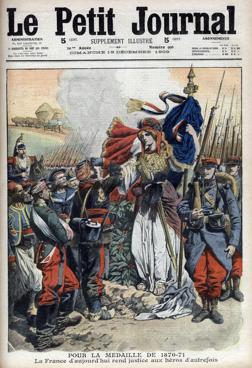 1870-1871年战争老兵奖章：寓意法国为过去的英雄们伸张正义 - 1909年12月19日的《小报》（雕刻）。 作者 法语学校