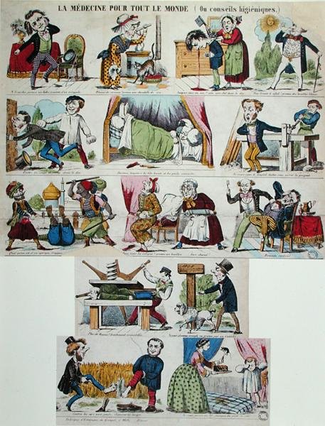 人人有药用或卫生建议》，讽刺性医学漫画，19世纪中期（彩色雕刻）。 作者 法语学校