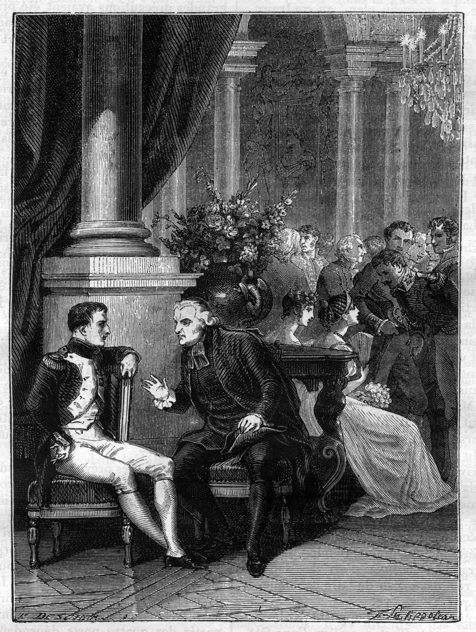 拿破仑一世与红衣主教Jean Siffrein Maury（1746-1817）在意大利的Genes（Genova）会面，1805年--载于Adolphe Thiers的 "帝国历史和领事馆的历史"--1879年--私人收藏 作者 法语学校