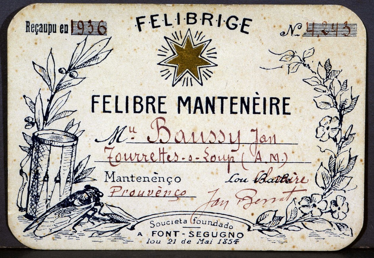 Felibre 协会 Felibrige 的 Jan Baussy 会员卡 作者 法语学校