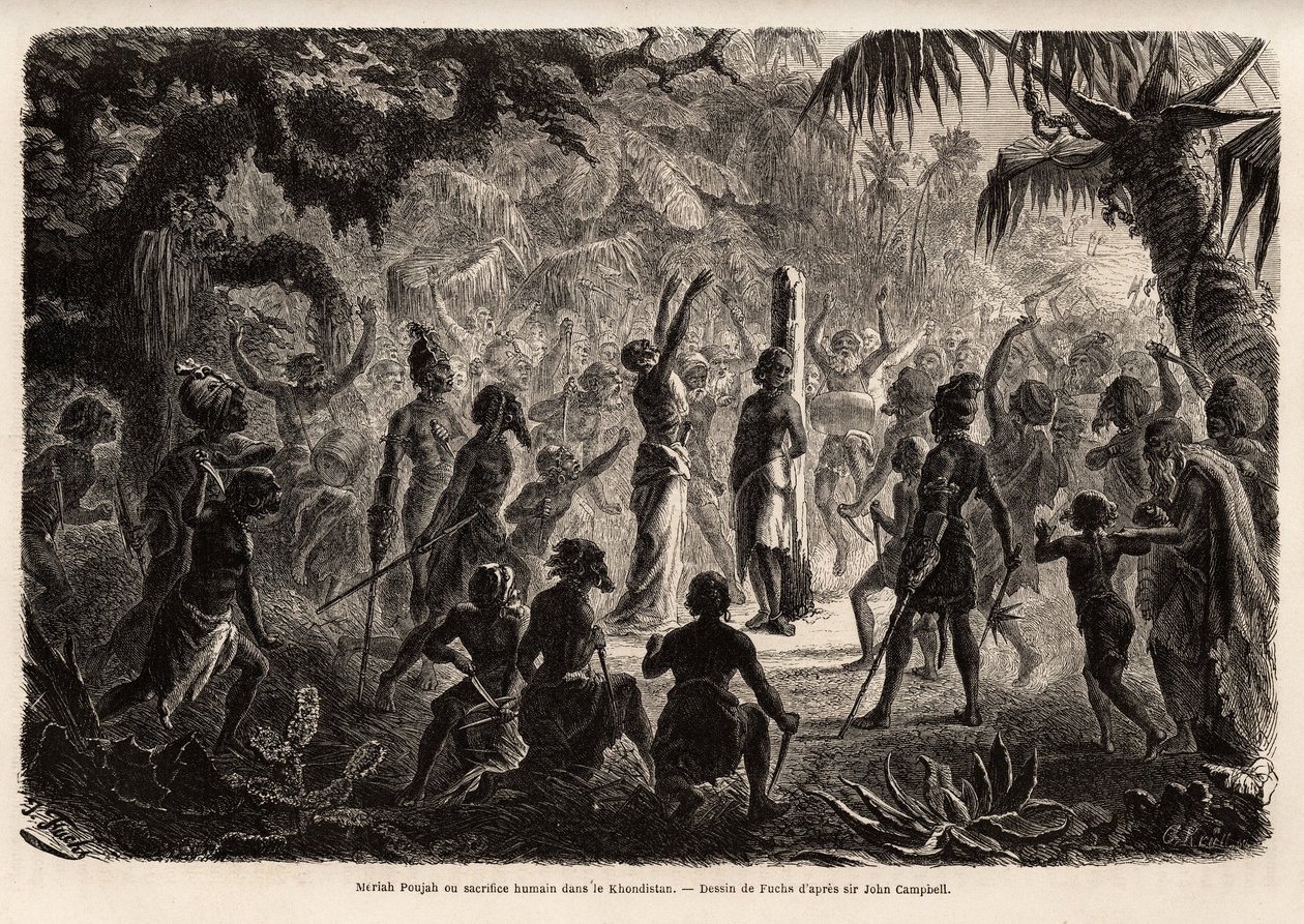 Meriah Pujah or human sacrifice, Khondistan (English Indies). Drawing by Fuchs, to illustrate Major John Campbell