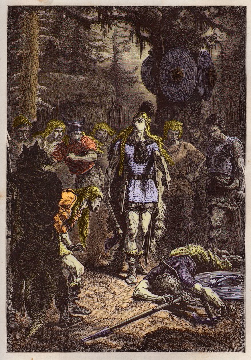 Merovingiens: Clovis 1er shooting down the soldier who had broken the vase of Soissons, en 486 - Clovis (465-511) and the Frankish warrior who broke the Vase of Soissons in 486 - engraving from “” L